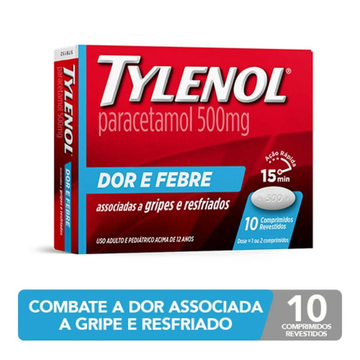 Tylenol Paracetamol 500mg Dor e Febre 10 comprimidos