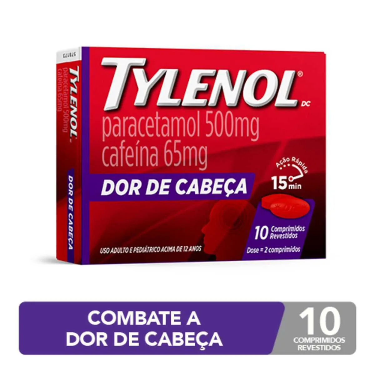 Tylenol DC Paracetamol 500mg + Cafeína 65mg Dor de Cabeça 10 comprimidos