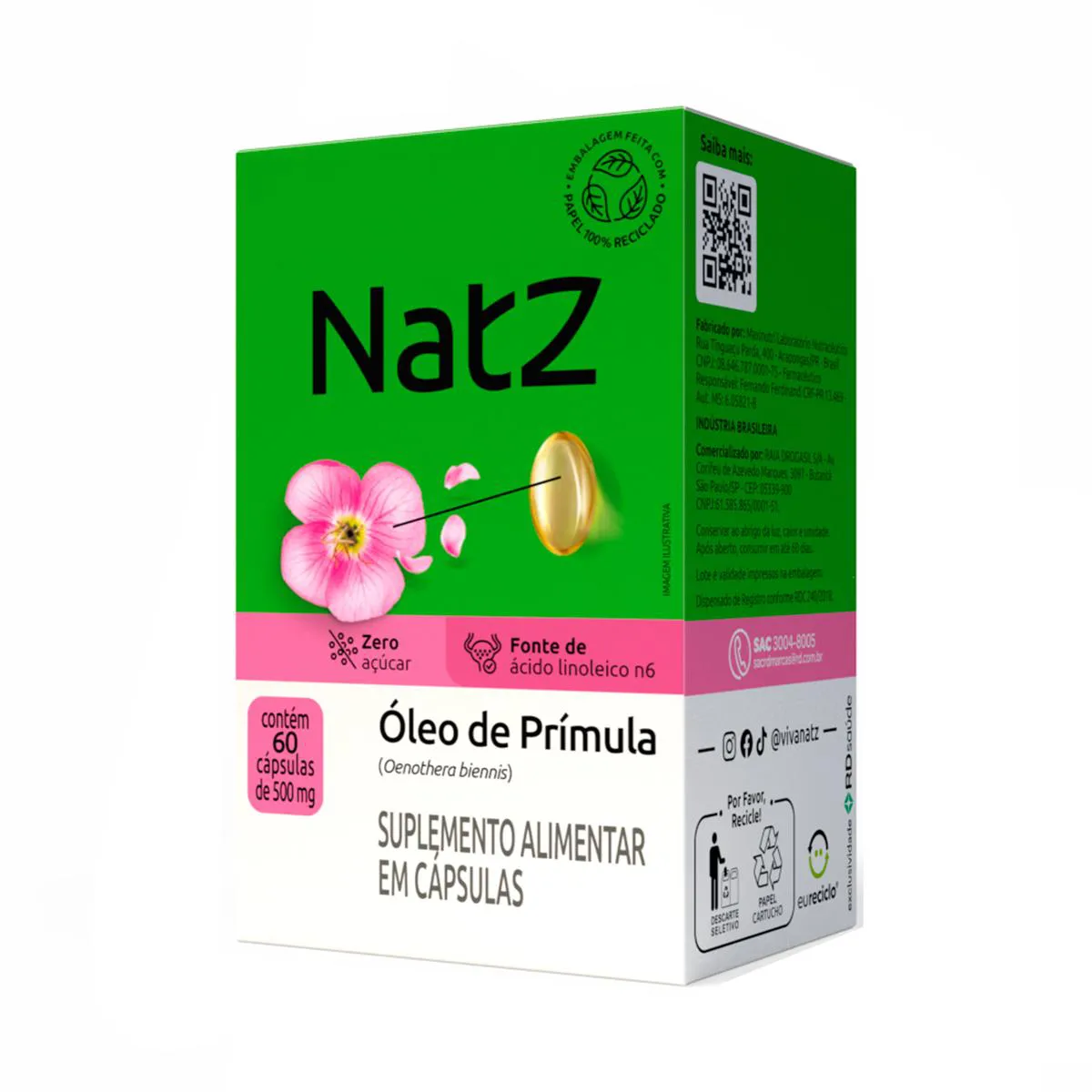 Óleo de Prímula 500mg Natz 60 Cápsulas