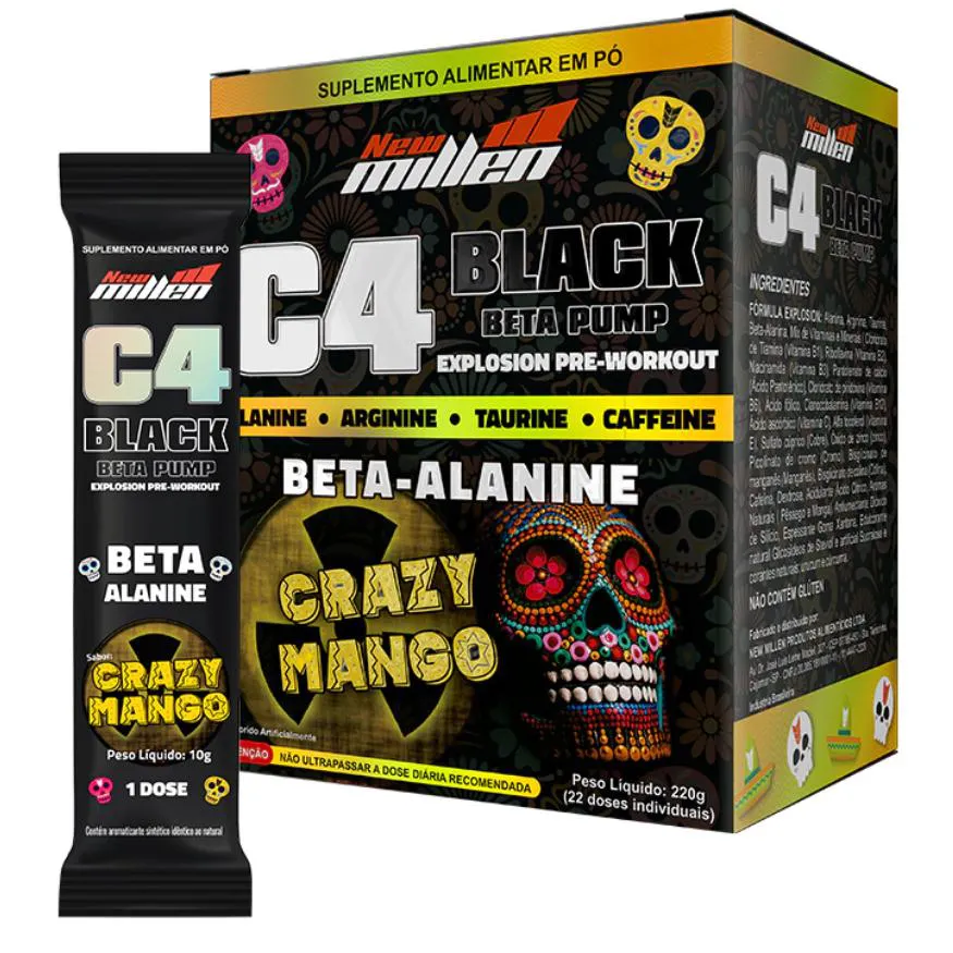 C4 BLACK BETA PUMP NEW MILLEN 10G CRAZY MANGO ( CAIXA 22 SACHES ) - PRÉ - TREINO