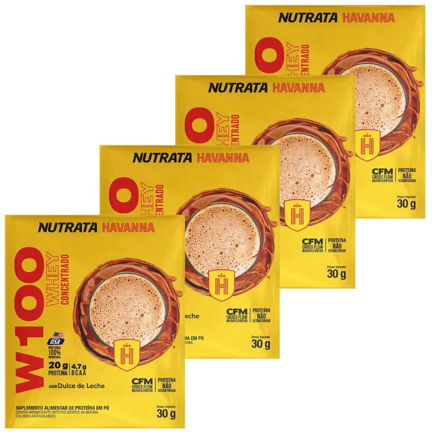 KIT 4 UN SACHE WHEY W 100 HAVANNA NUTRATA 30G DOCE DE LEITE