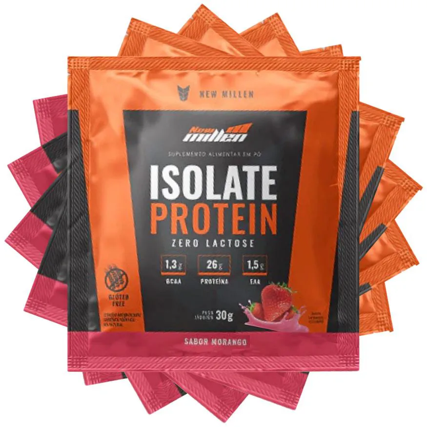 KIT 5 UN SACHE ISOLATE PROTEIN - ORIGEM BOVINA NEW MILLEN 30G - MORANGO - SEM GLUEIN