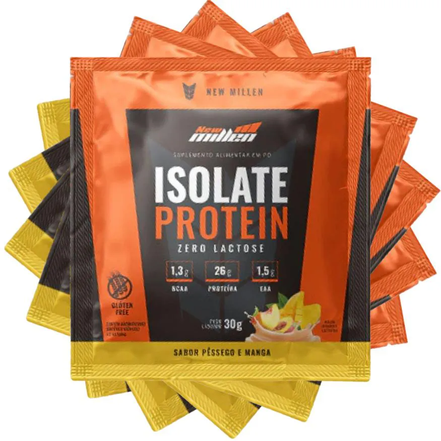 KIT 5 UN SACHE ISOLATE PROTEIN - ORIGEM BOVINA NEW MILLEN 30G - PESSEGO E MANGA - SEM GLUEIN