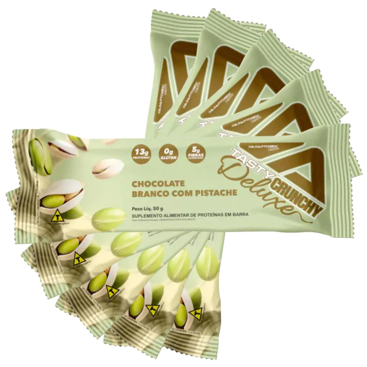 KIT 5 UN TASTY CRUNCHY DELUXE 50G  - CHOC BRANCO C/ PISTACHE - ADAPTOGEN