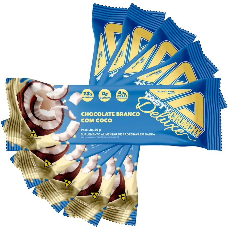 KIT 5 UN TASTY CRUNCHY DELUXE 50G - CHOC BRANCO C/ COCO - ADAPTOGEN