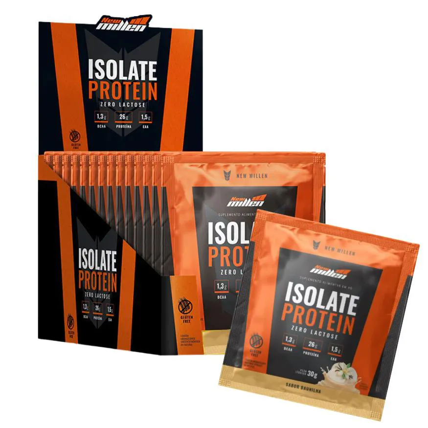 SACHE ISOLATE PROTEIN - ORIGEM BOVINA NEW MILLEN ( CAIXA 15 SACHES ) - BAUNILHA - SEM GLUEIN