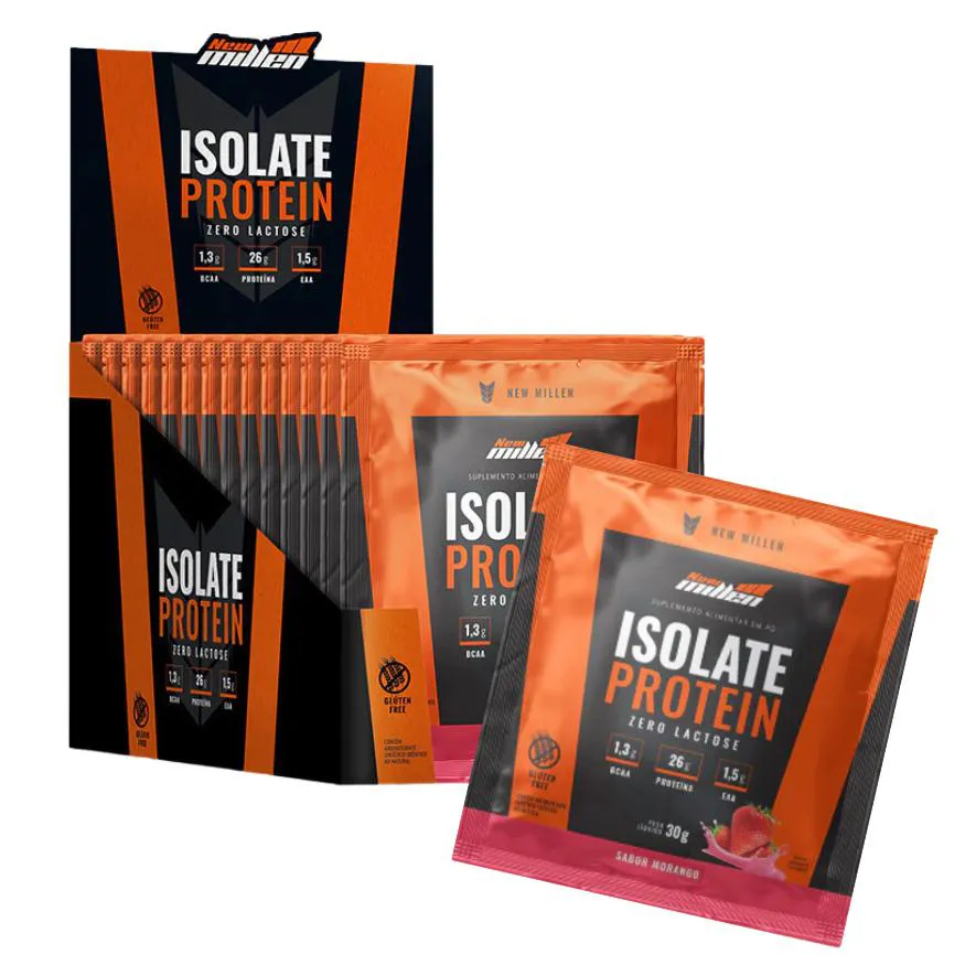 SACHE ISOLATE PROTEIN - ORIGEM BOVINA NEW MILLEN ( CAIXA 15 SACHES ) - MORANGO - SEM GLUEIN