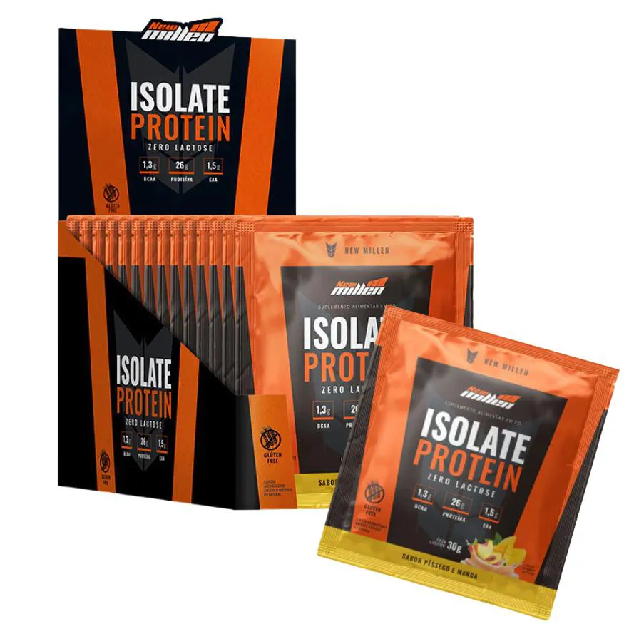 SACHE ISOLATE PROTEIN - ORIGEM BOVINA NEW MILLEN ( CAIXA 15 SACHES ) - PESSEGO E MANGA - SEM GLUEIN