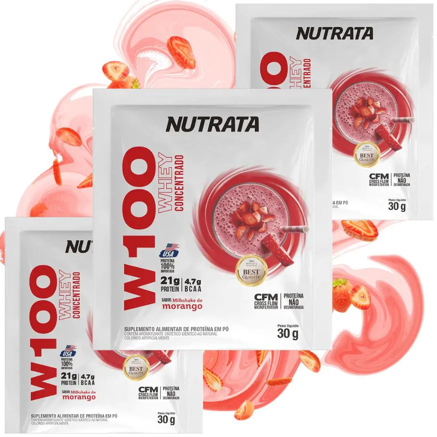 WHEY CONCENTRADO W100 SACHE KIT 3 UN NUTRATA 30G - MILKSHAKE DE MORANGO