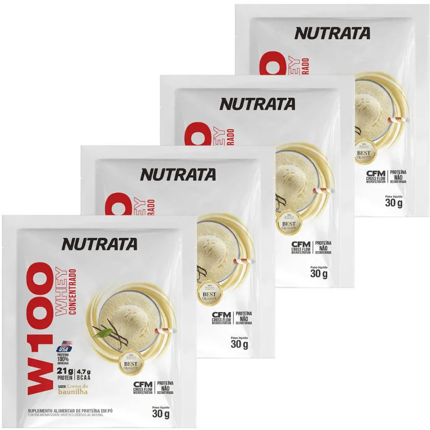 WHEY CONCENTRADO W100 SACHE KIT 4 UN NUTRATA 30G - CREME DE BAUNILHA