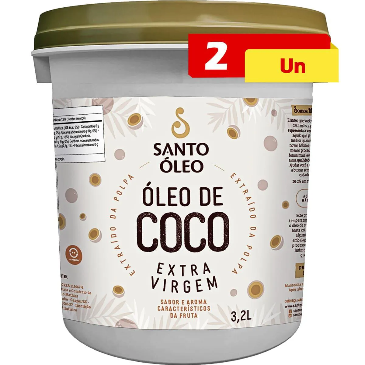 ÓLEO DE COCO EXTRAVIRGEM POLPA 2 X 3,2L SANTO ÓLEO