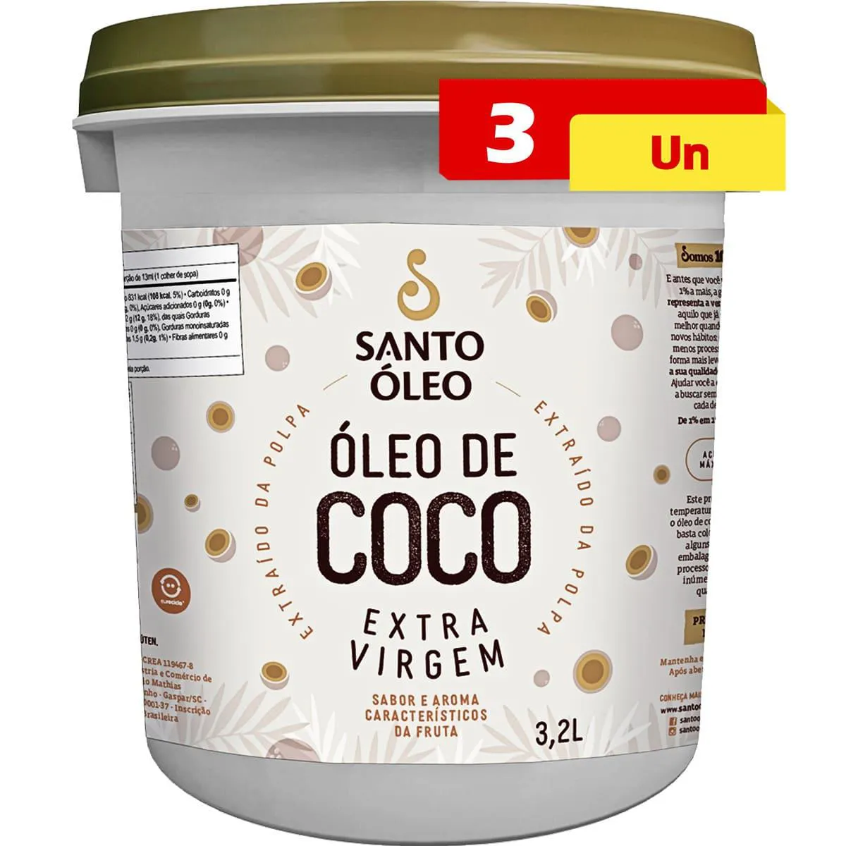 ÓLEO DE COCO EXTRAVIRGEM POLPA 3 X 3,2L SANTO ÓLEO