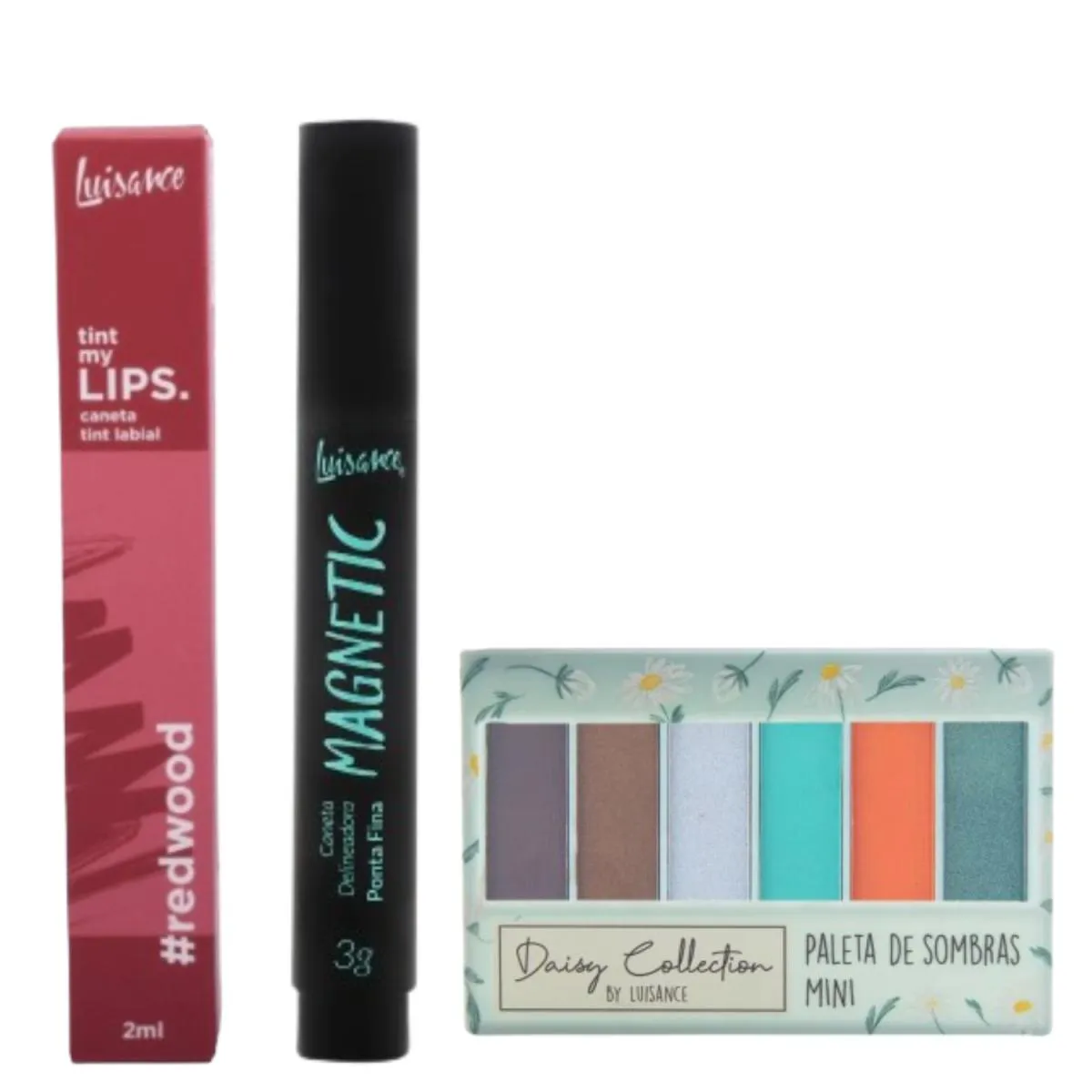 COMBO CANETA TINT LABIAL VEGANO REDWOOD + PALETA DE SOMBRAS MINI DAISY + CANETA DELINEADORA MAGNETIC