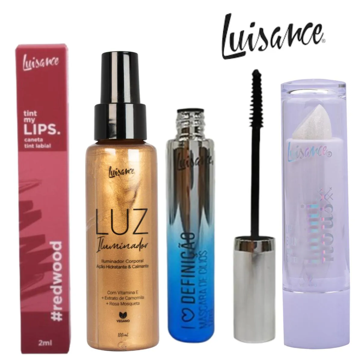 COMBO CANETA TINT REDWOOD +  ILUMINADOR CORPORAL BRONZE + LIP BALM COM GLITTER LUMINOUS +  MáSCARA DE CíLIOS I LOVE DEFI