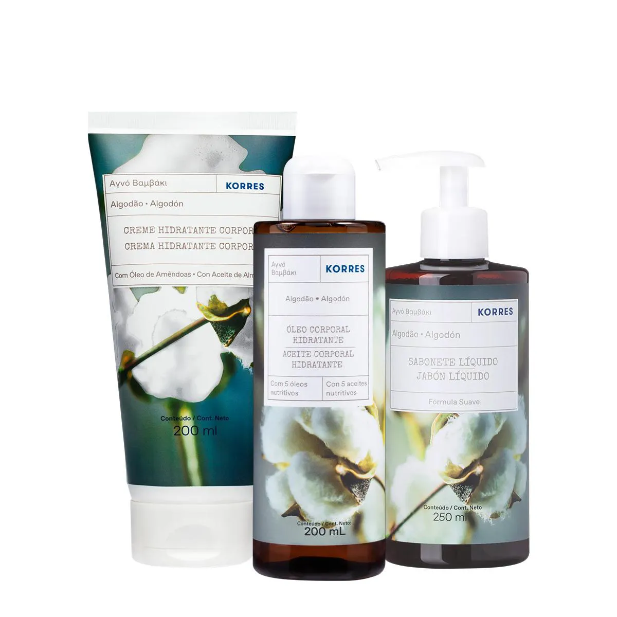 KIT KORRES ALGODãO PURO SABONETE HIDRATANTE ÓLEO CORPORAL (3 PRODUTOS)