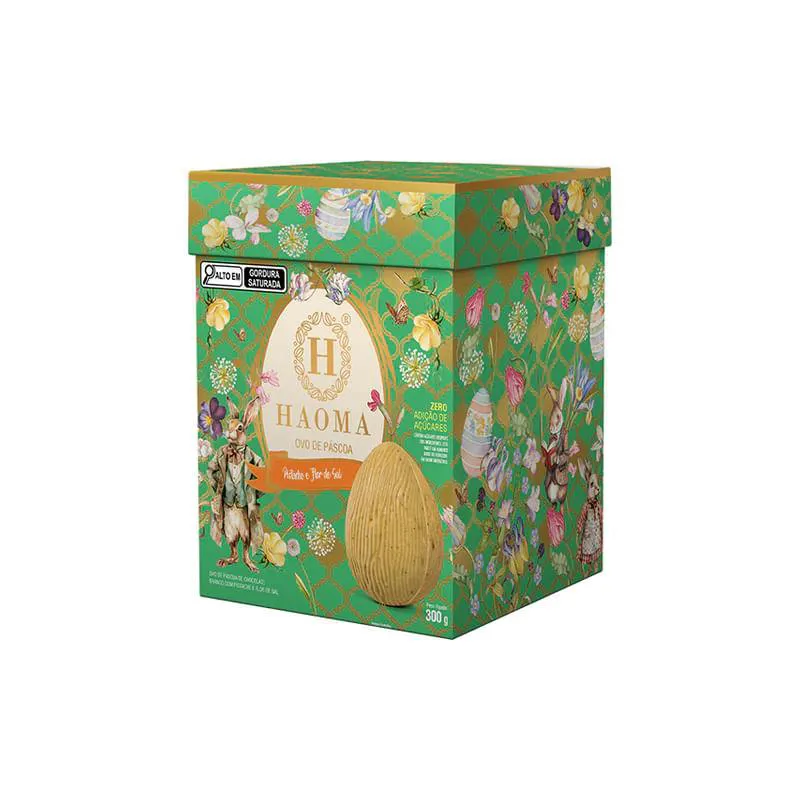 OVO CHOCOLATE BRANCO PISTACHE COM FLOR DE SAL SEM RECHEIO HAOMA 300G