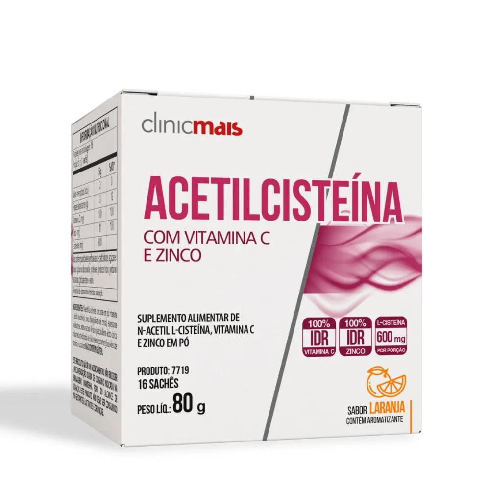 N-ACETILCISTEíNA NAC 16 SACHêS 5G SABOR LARANJA CLINICMAIS