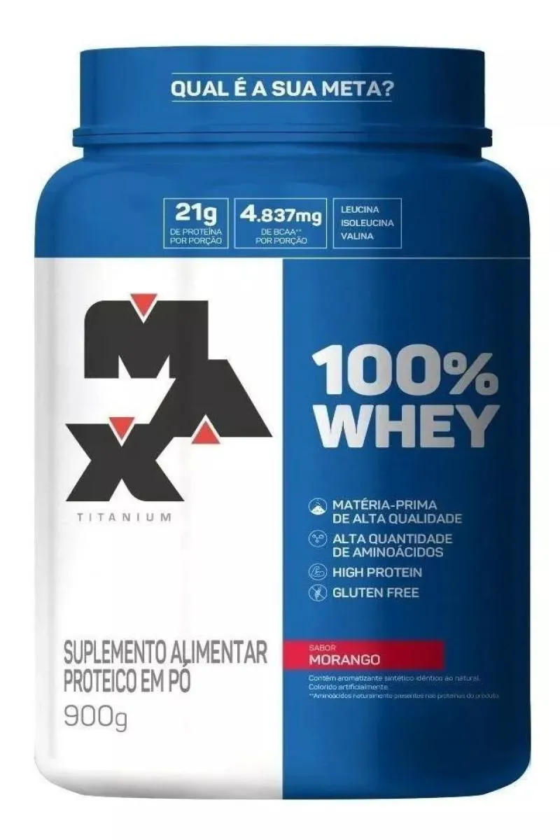 100% WHEY POTE SABOR MORANGO 900G MAX TITANIUM