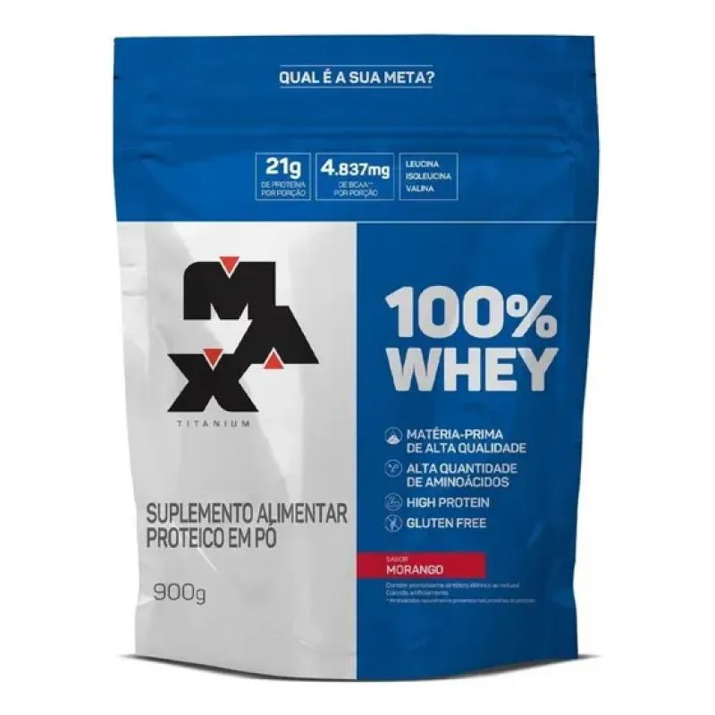 100% WHEY REFIL SABOR MORANGO 900G MAX TITANIUM