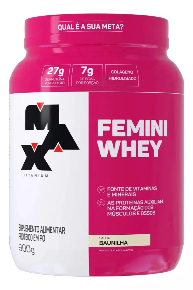WHEY FEMINI COM COLáGENO POTE BAUNILHA 900G MAX TITANIUM