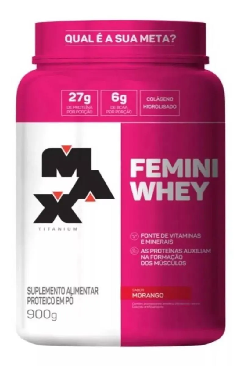 WHEY FEMINI COM COLáGENO POTE SABOR MORANGO 900G MAX TITANIUM