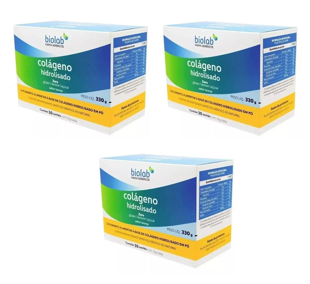 KIT 3 COLáGENO HIDROLISADO LARANJA 30 SACHêS - BIOLAB