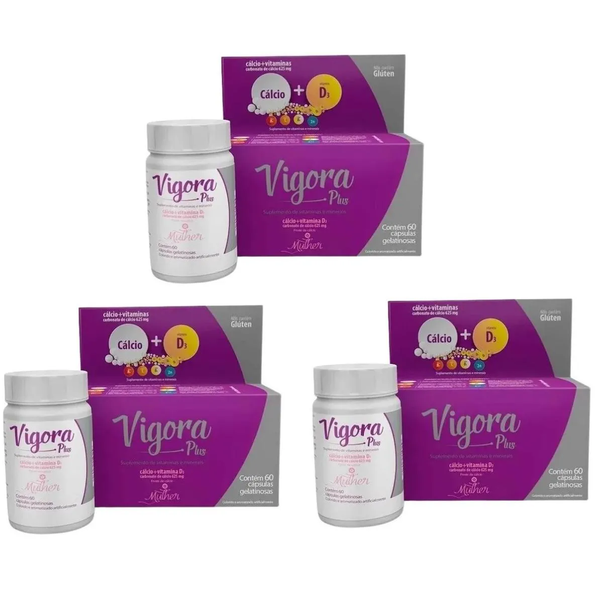 KIT 3 VIGORA PLUS MULHER CáLCIO CáLCIO +VIT D3 60 CáPSULAS