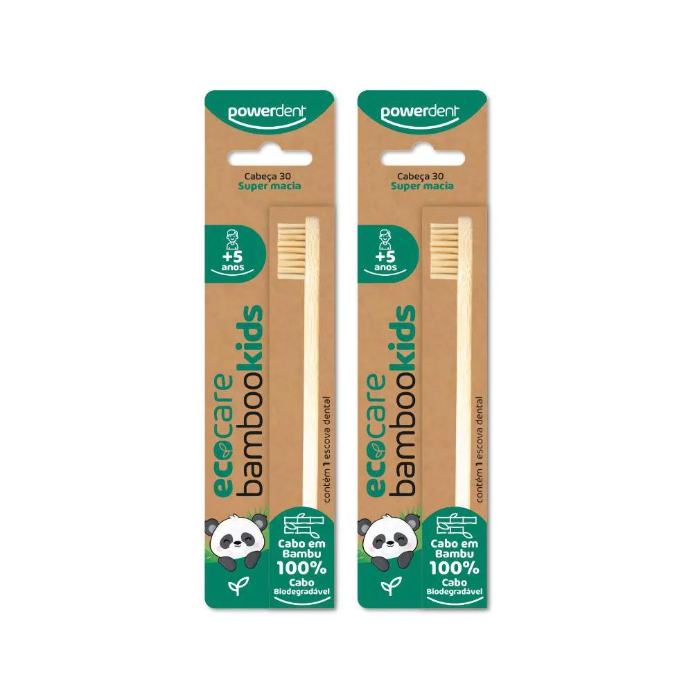 KIT 2 ESCOVAS DE DENTE POWERDENT ECOCARE BAMBOO KIDS