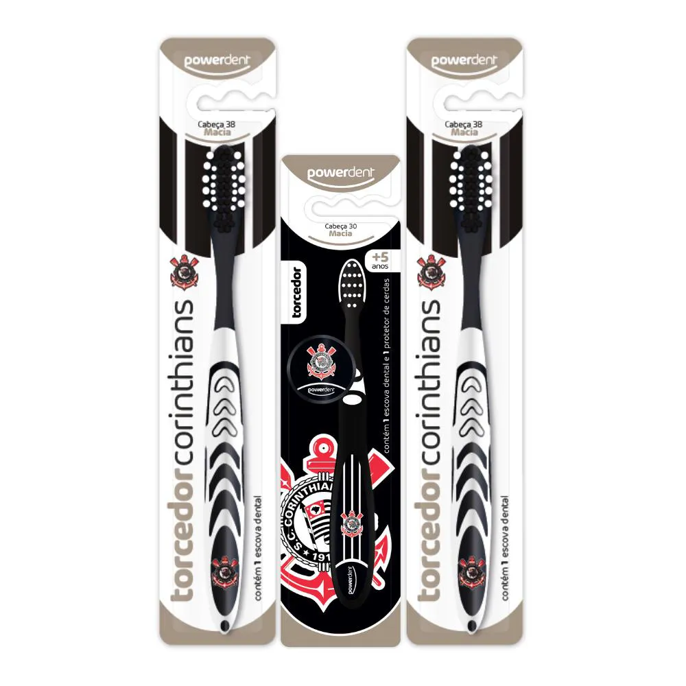 KIT 2 ESCOVAS DE DENTES ADULTA E 1 INFANTIL CORINTHIANS