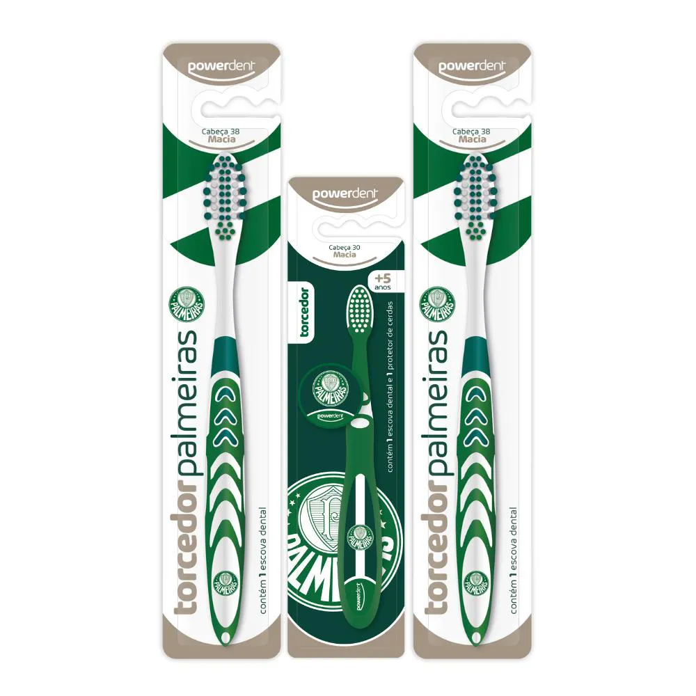 KIT 2 ESCOVAS DE DENTES ADULTA E 1 INFANTIL PALMEIRAS