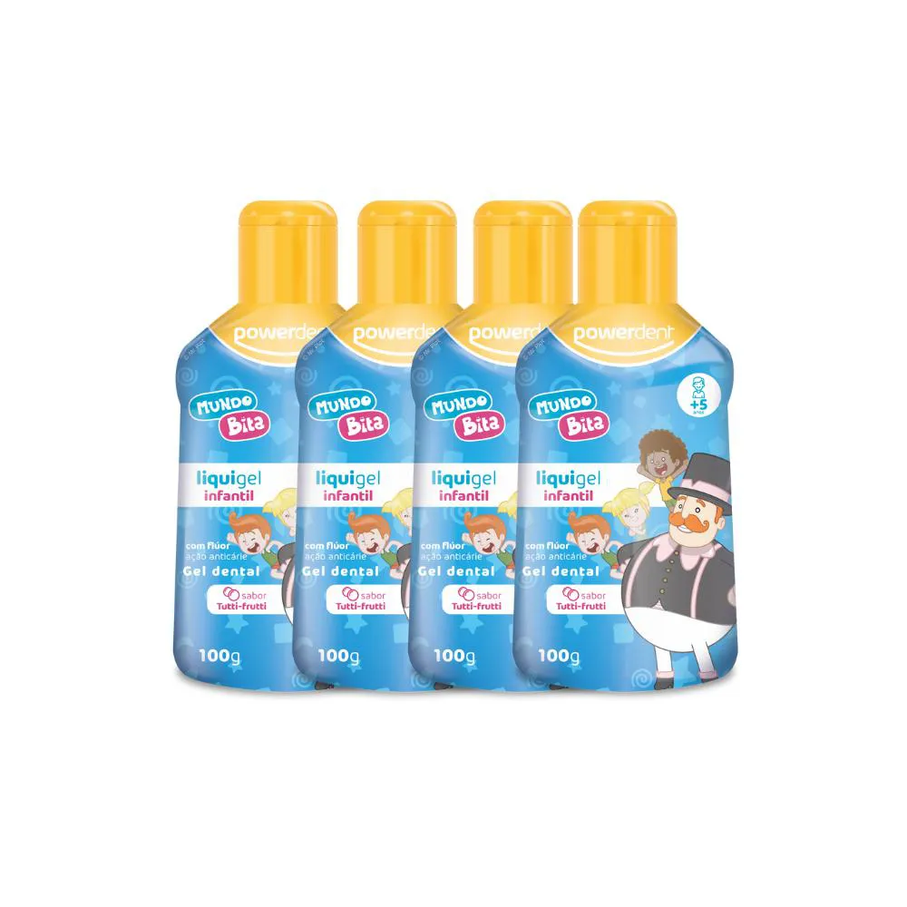 KIT 4 LIQUIGEL INFANTIL POWERDENT TUTTI-FRUTTI MUNDO BITA