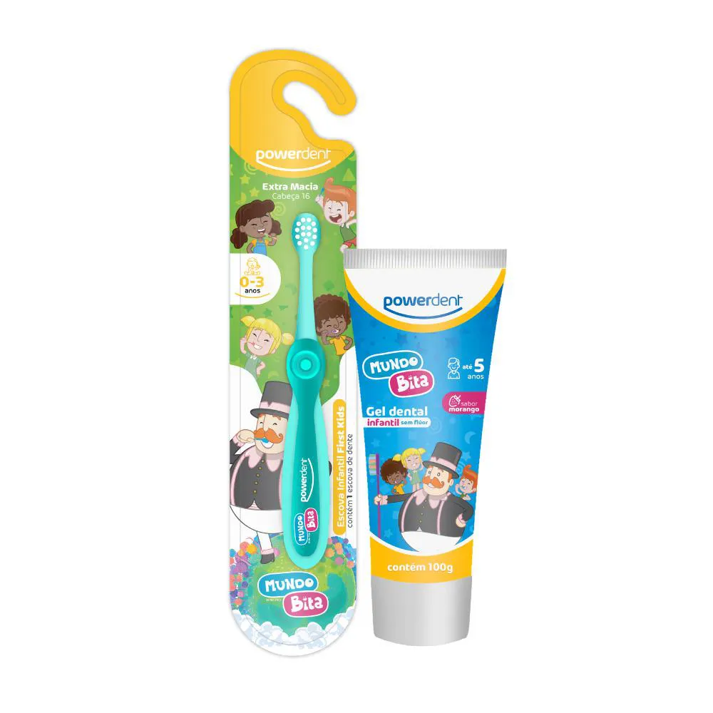 KIT ESCOVA DENTAL + GEL DENTAL POWERDENT FIRST MUNDO BITA Verde