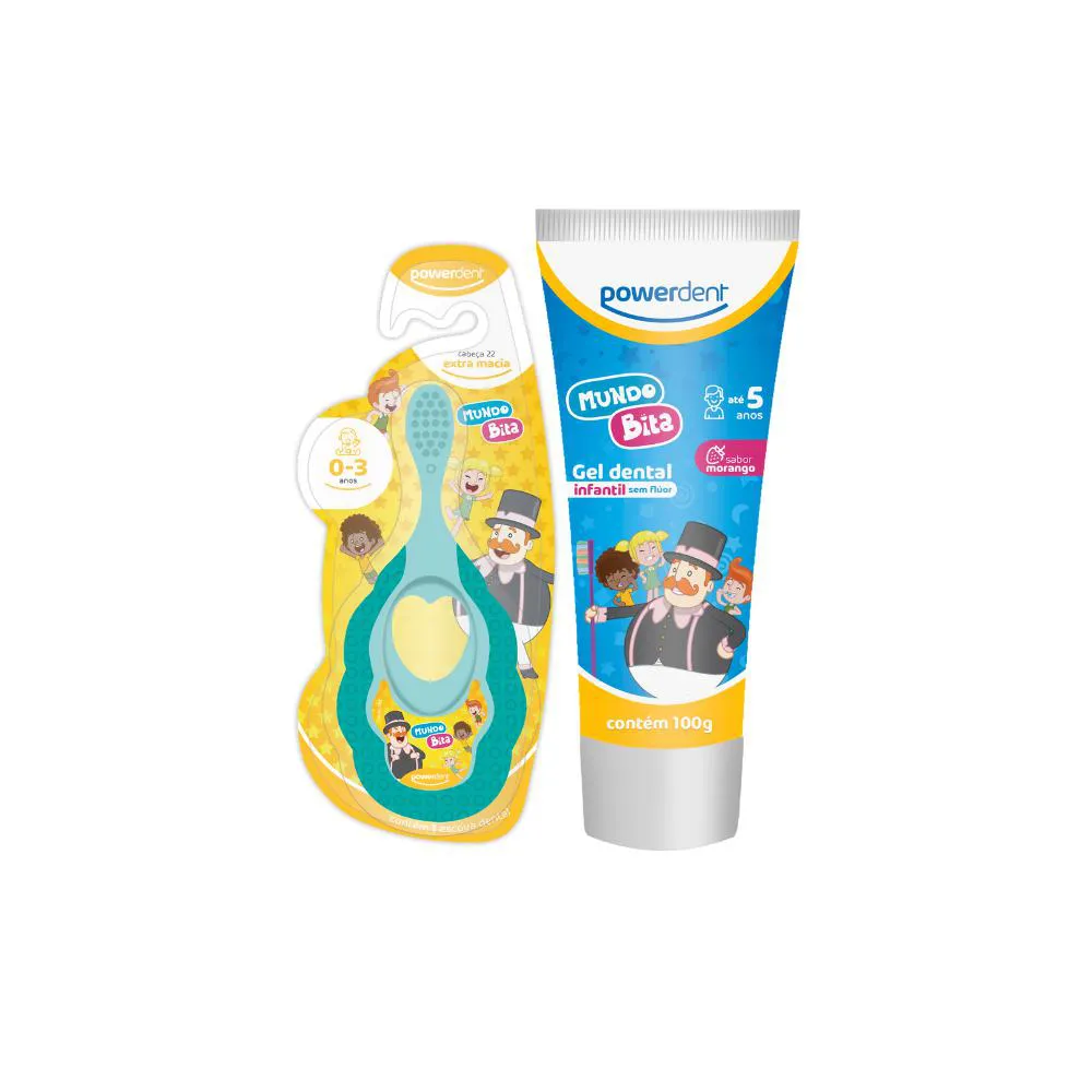 KIT ESCOVA MORDEDOR + GEL SEM FLúOR POWERDENT MUNDO BITA Verde