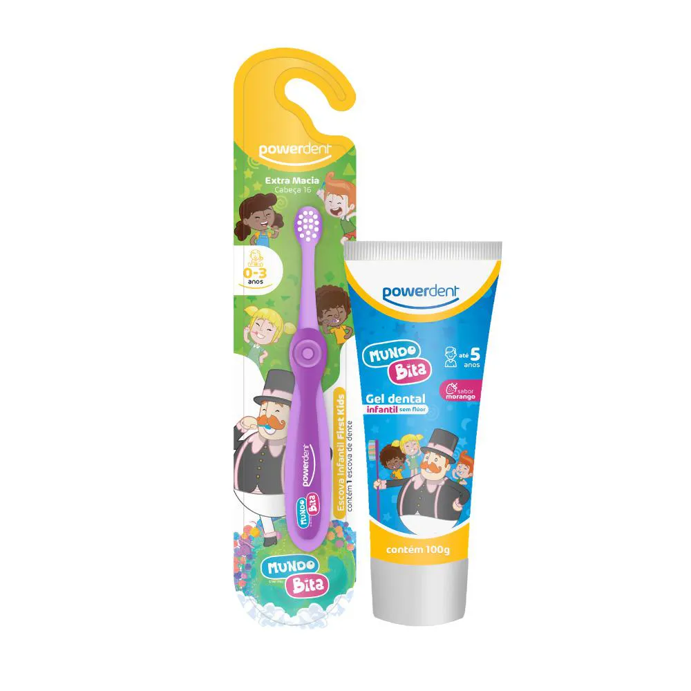 KIT ESCOVA DENTAL + GEL DENTAL POWERDENT FIRST MUNDO BITA Roxo