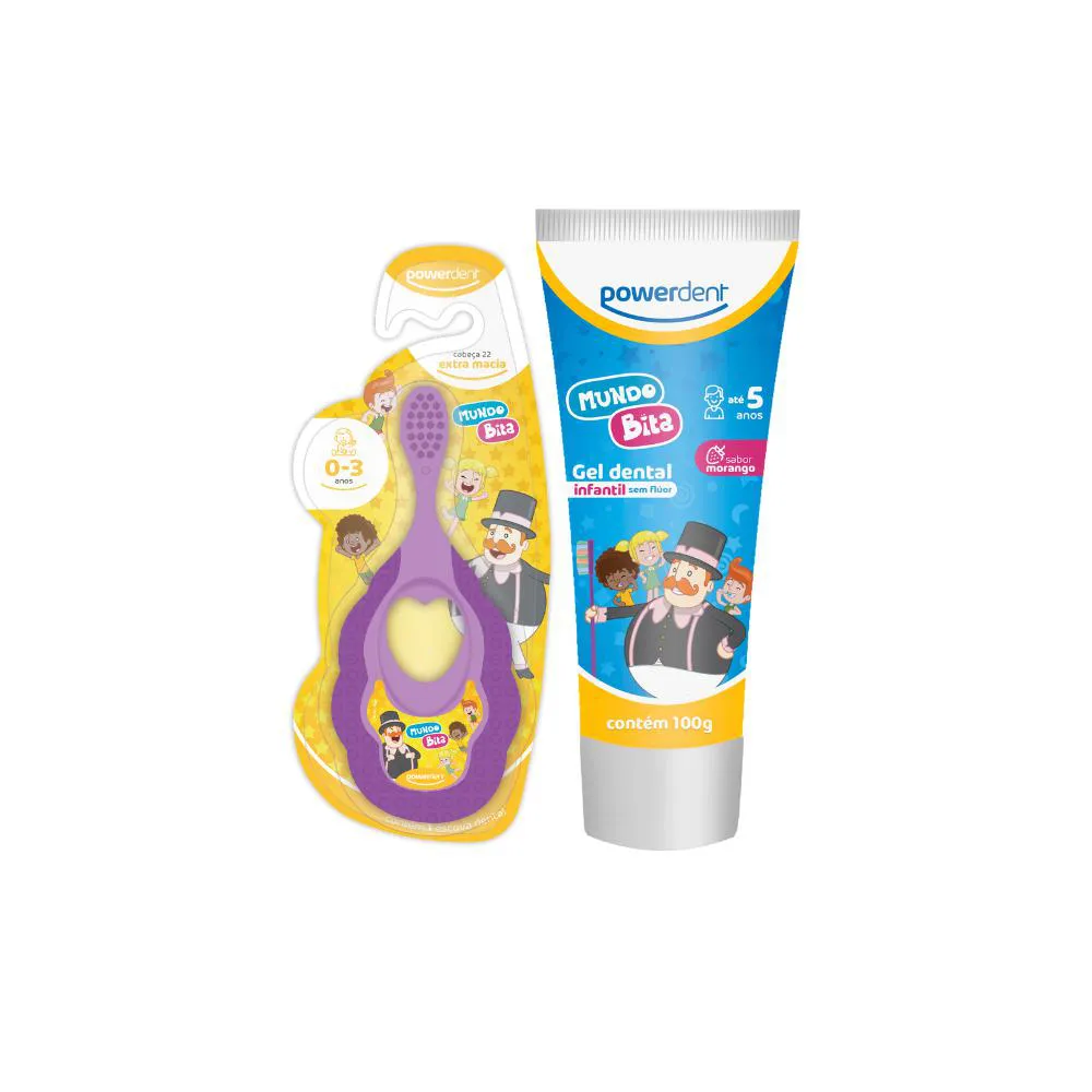 KIT ESCOVA MORDEDOR + GEL SEM FLúOR POWERDENT MUNDO BITA Roxa
