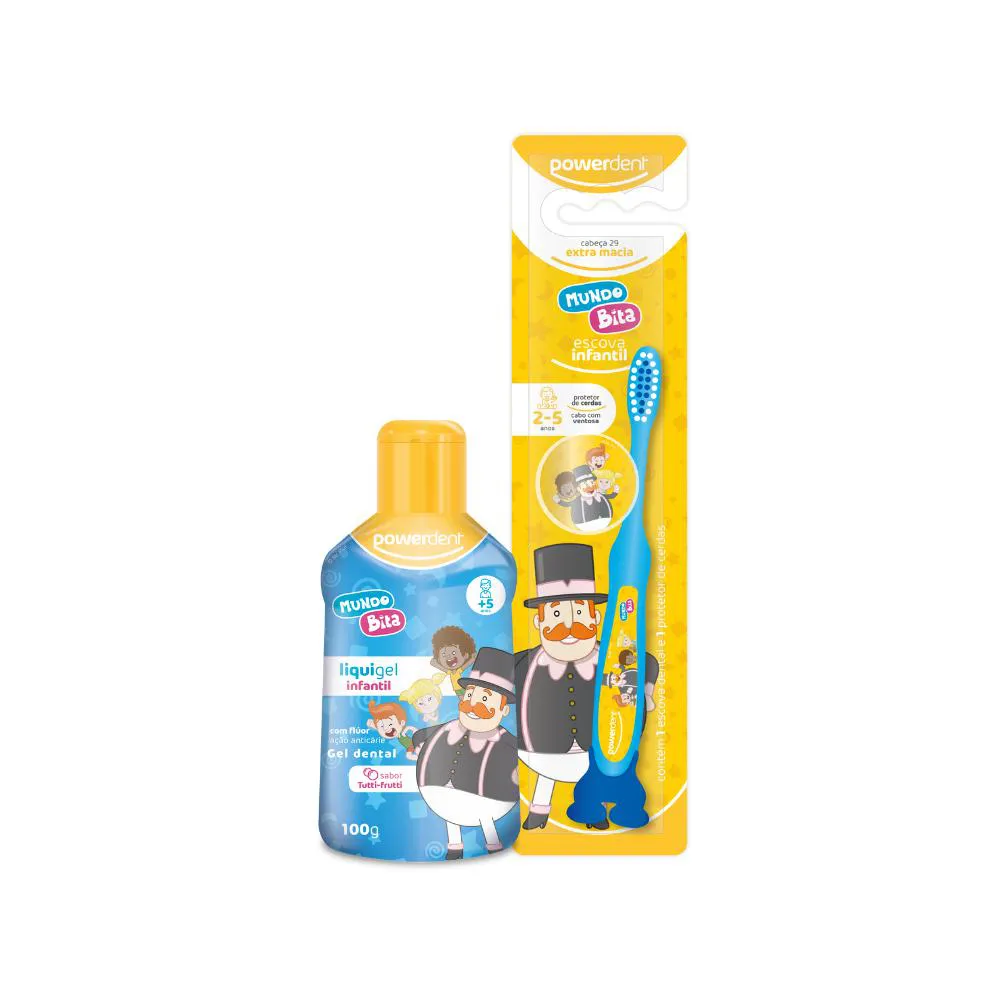 KIT ESCOVAS DENTAL INFANTIL + LIQUIGEL POWERDENT MUNDO BITA Azul