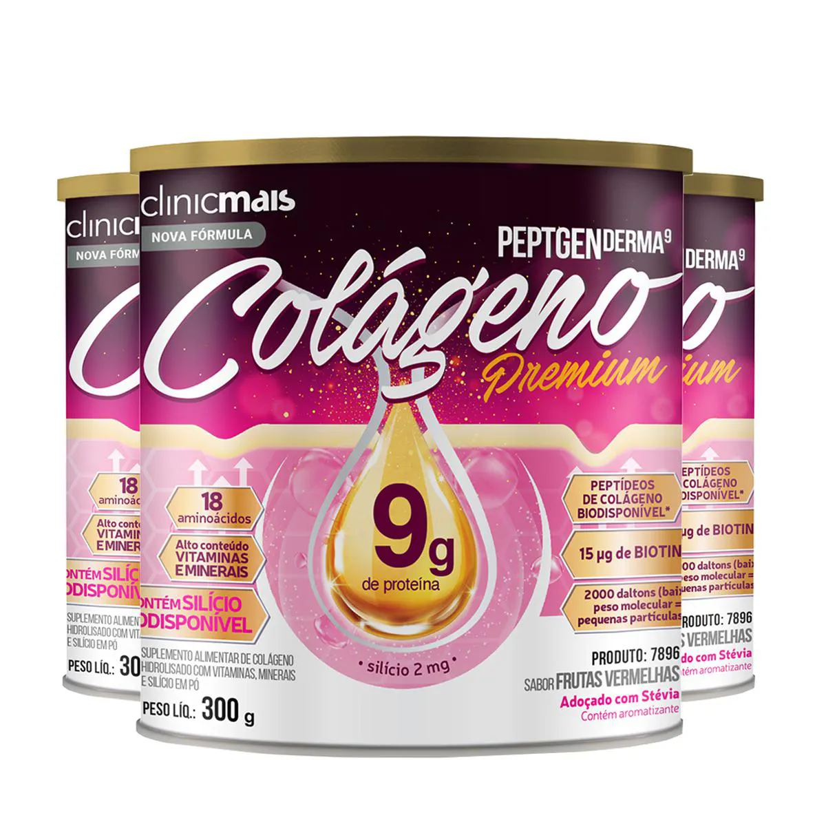 KIT 3 COLáGENO PEPTGENDERMA CLINICMAIS 300G FRUTAS VERMELHAS