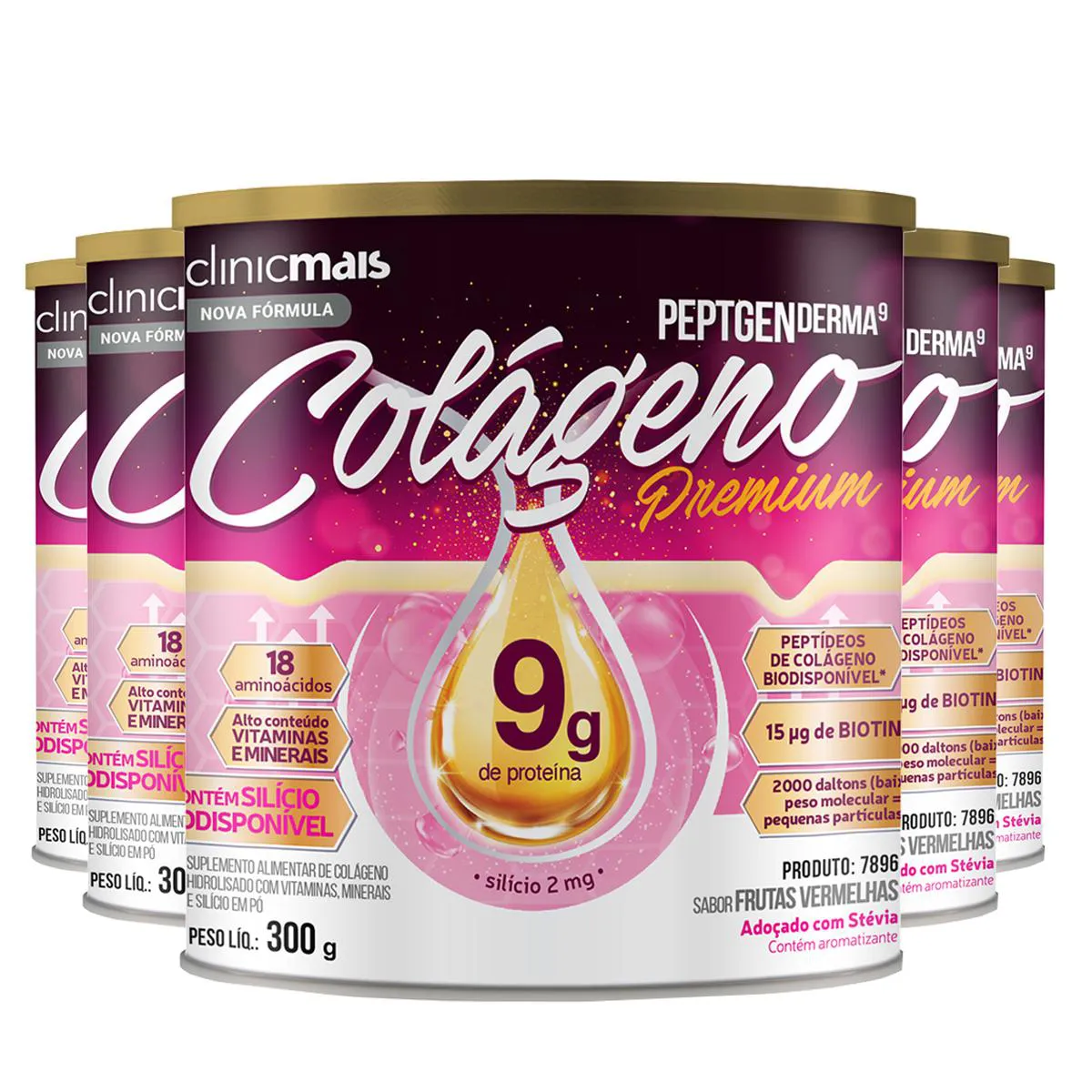 KIT 5 COLáGENO PEPTGENDERMA CLINICMAIS 300G FRUTAS VERMELHAS