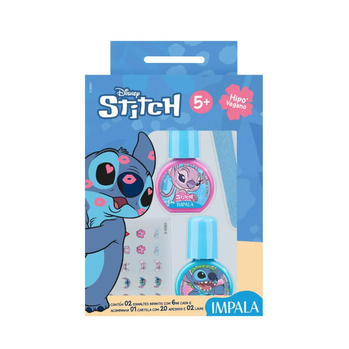 KIT 2 ESMALTES IMPALA + LIXA E ADESIVO STITCH UNHA INFANTIL