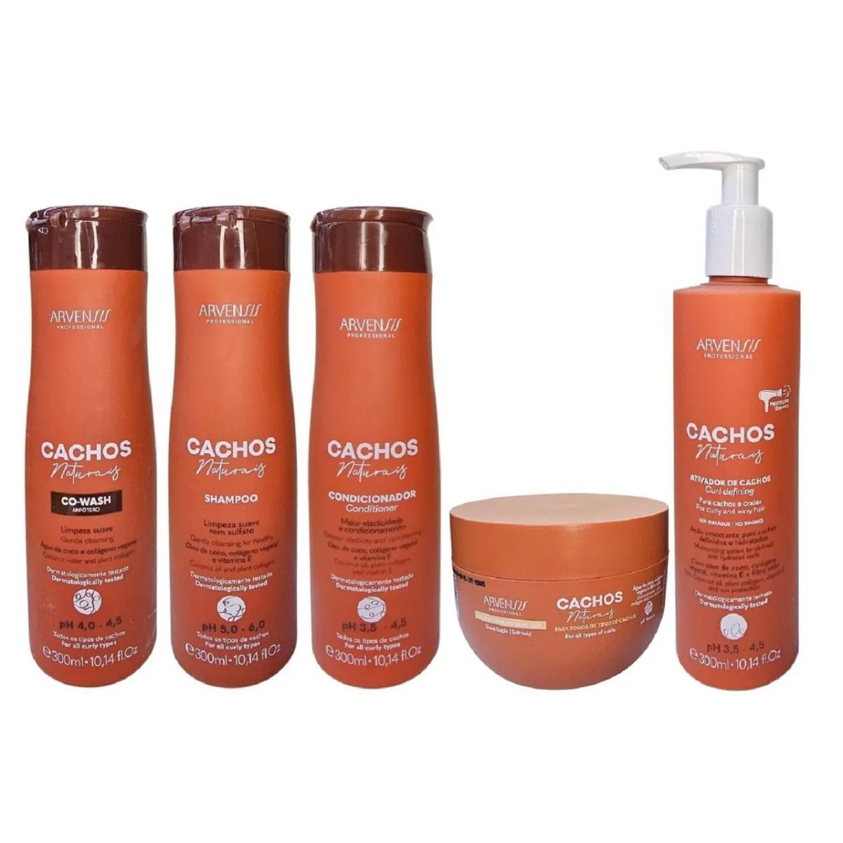 KIT ARVENSIS CACHOS - SHAMPOO 300ML + CONDICIONADOR 300ML + CO-WASH + ATIVADOR DE CACHOS 300ML + GELEIA ATIVADORA 250G