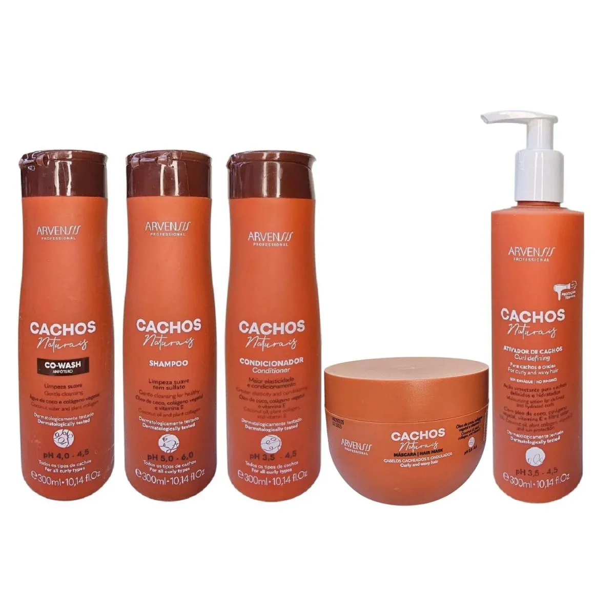 KIT ARVENSIS CACHOS - SHAMPOO 300ML + CONDICIONADOR 300ML + CO-WASH 300ML + ATIVADOR DE CACHOS 300ML + MáSCARA 250G
