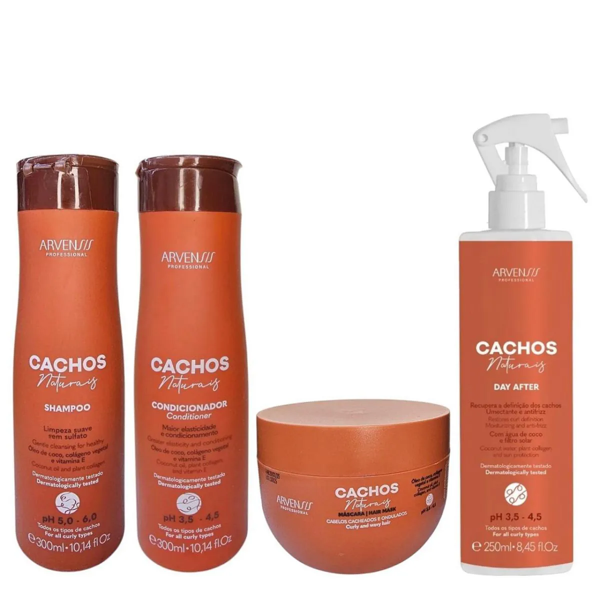 KIT ARVENSIS CACHOS - SHAMPOO 300ML + CONDICIONADOR 300ML + DAY AFTER 250ML + MáSCARA 250G