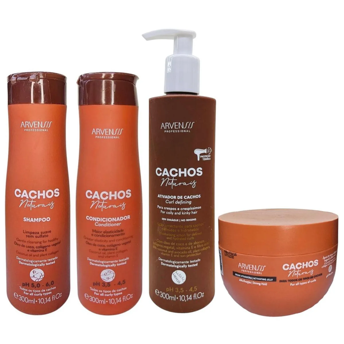 KIT ARVENSIS CACHOS - SHAMPOO 300ML + CONDICIONADOR 300ML + GELEIA ALTA FIXAçãO 250G + ATIVADOR CRESPOS 300ML