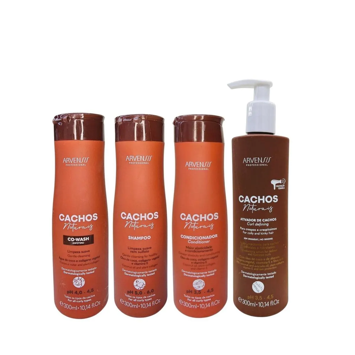 KIT ARVENSIS CACHOS NATURAIS - CO-WASH 300ML + SHAMPOO 300ML + CONDICIONADOR 300ML + ATIVADOR DE CACHOS CRESPOS 300ML