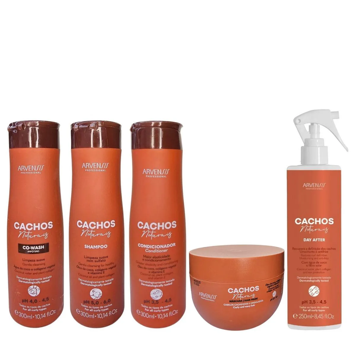 KIT ARVENSIS CACHOS NATURAIS - SHAMPOO 300ML + CONDICIONADOR 300ML + CO-WASH 300ML + MáSCARA 250G + DAY AFTER 250ML