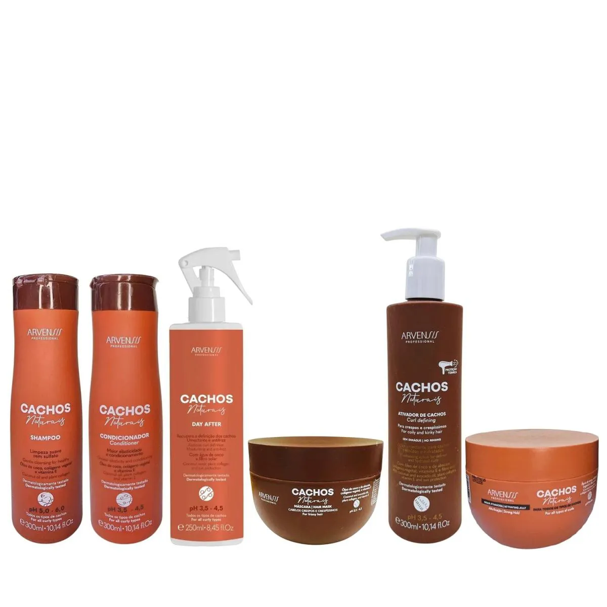 KIT ARVENSIS CACHOS- SHAMPOO 300ML + CONDICIONADOR 300ML + DAY AFTER + GELEIA 250G + ATIVADOR CRESPOS + MáSCARA CRESPOS