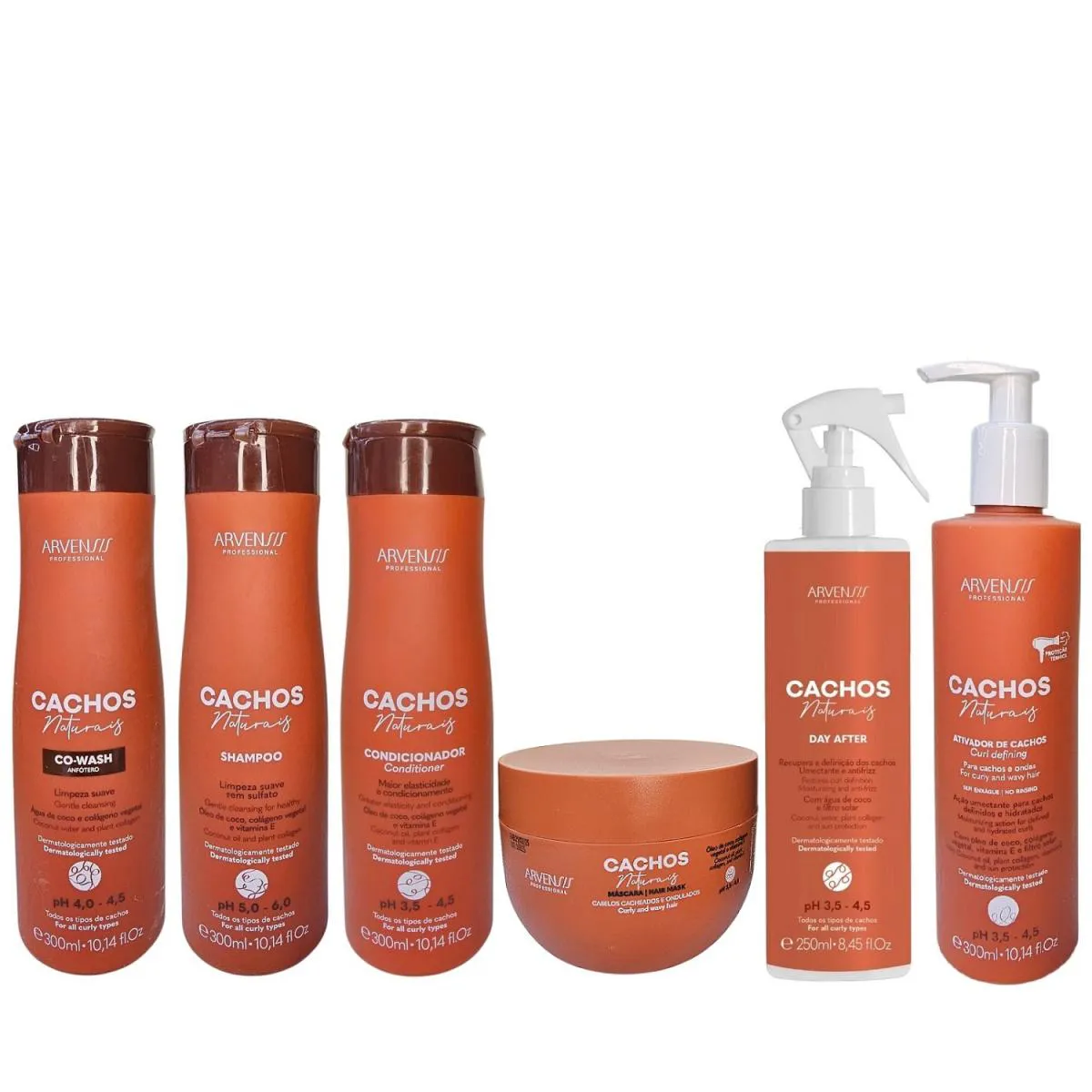 KIT ARVENSIS CACHOS-SHAMPOO 300ML + CONDICIONADOR 300ML + CO-WASH 300ML + ATIVADOR CACHOS+ DAY AFTER 250ML+ MáSCARA 250G