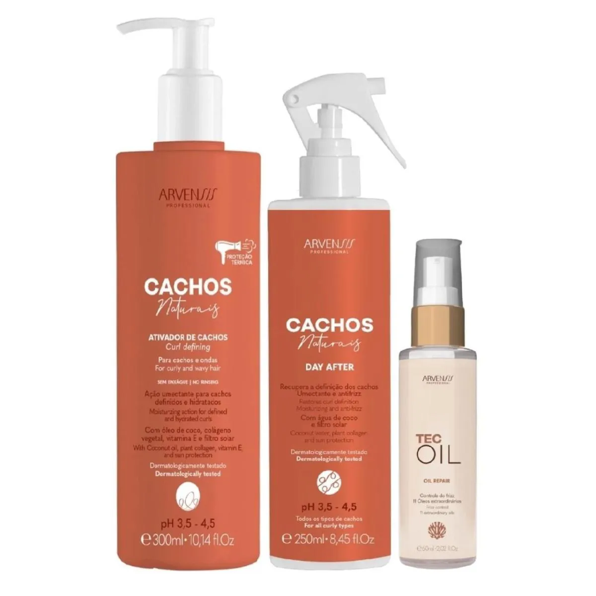 KIT ARVENSIS PROFESSIONAL CACHOS NATURAIS - ATIVADOR DE CACHOS CURL DEFINING 300ML + DAY AFTER 250ML + TEC OIL 60ML