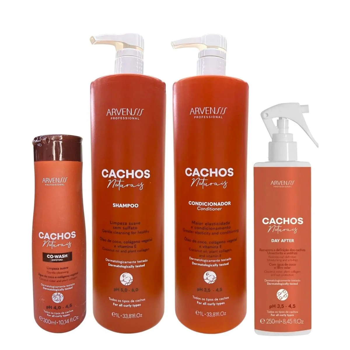 KIT ARVENSIS PROFESSIONAL CACHOS NATURAIS - SHAMPOO 1L + CONDICIONADOR 1L + CO-WASH 300ML + DAY AFTER 250ML