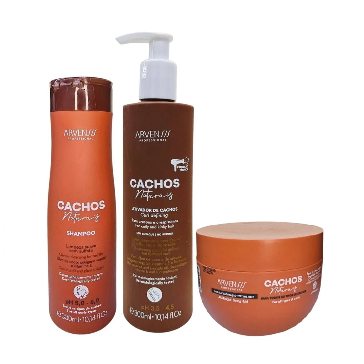 KIT ARVENSIS PROFESSIONAL CACHOS NATURAIS - SHAMPOO 300ML + ATIVADOR CRESPOS 300ML +GELEIA ALTA FIXAçãO 250G